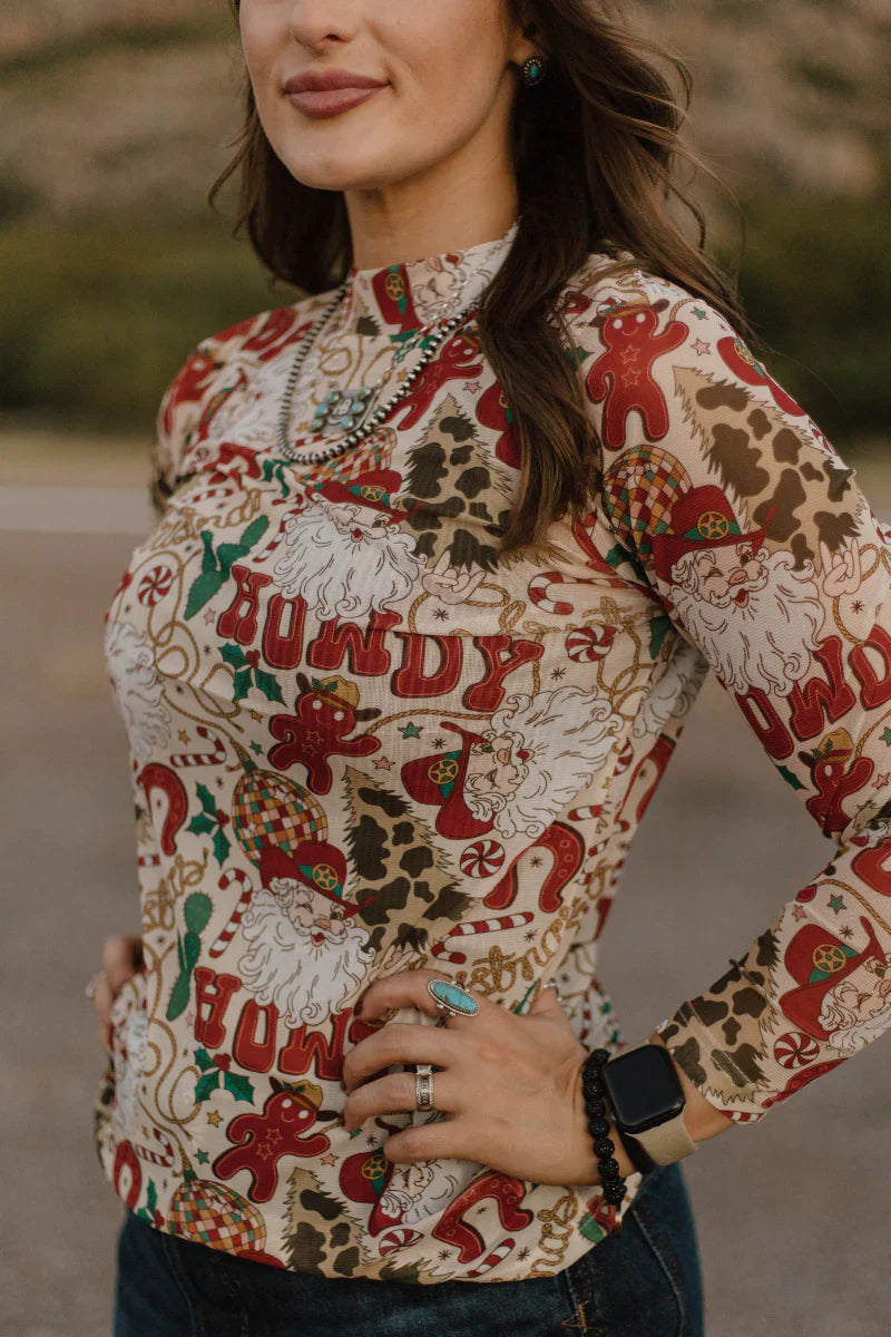 Sterling Kreek Howdy Santa Mesh Top*