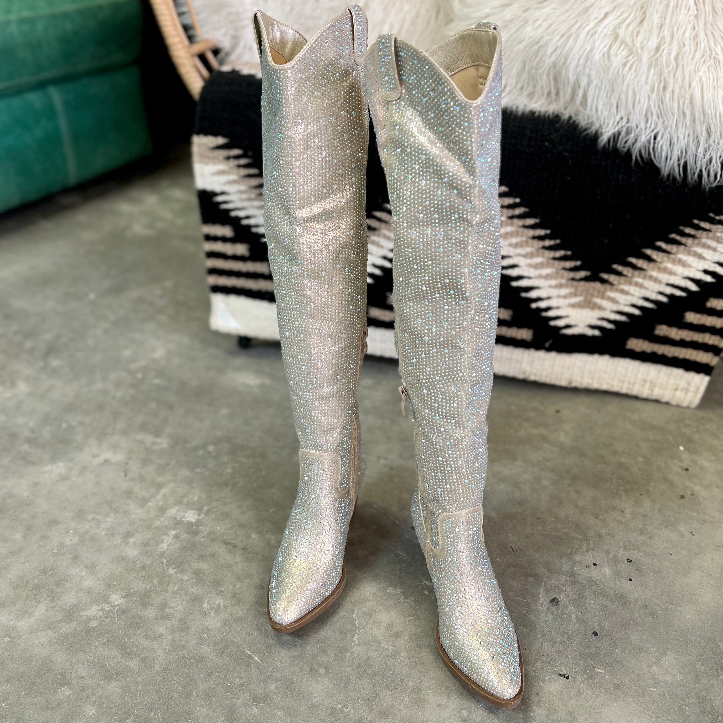 Champagne Bring Ya To Your Knees Rhinestone Boots*