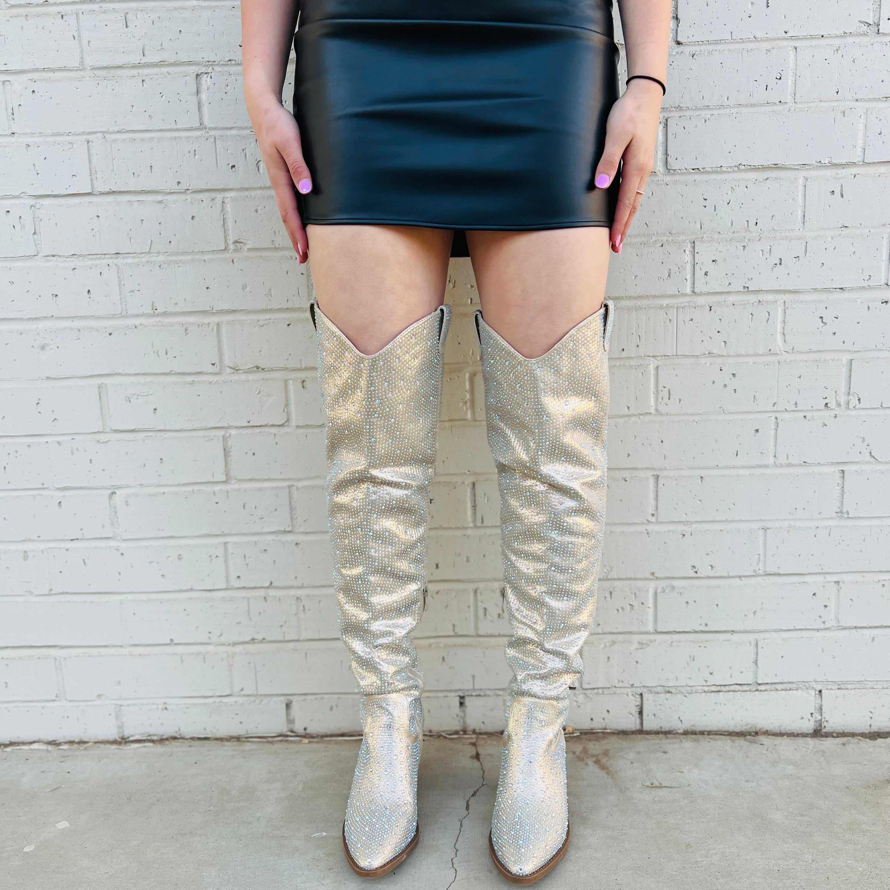 Champagne Bring Ya To Your Knees Rhinestone Boots*