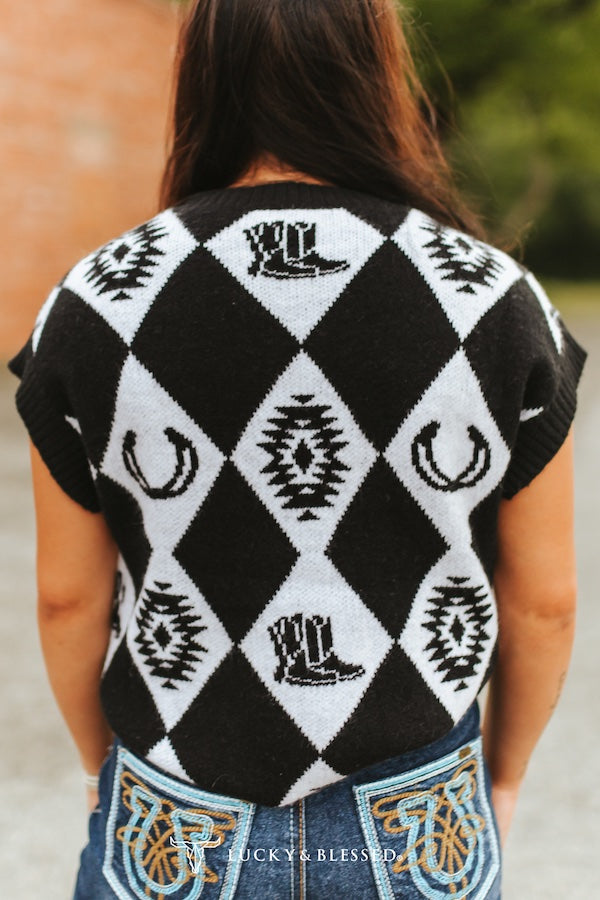 L&B Black Checkered Knit Western Sweater Top